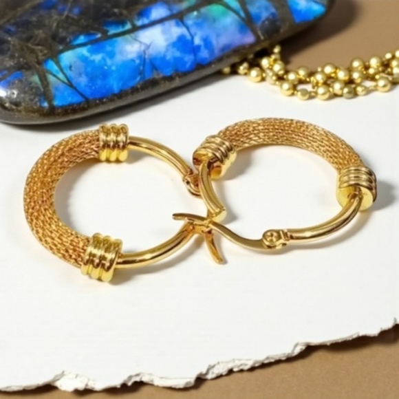 🆕️Chic Elegance: 18K Gold Plated Stainless Steel Mesh Trendy Hoop Earrings - Picture 5 of 13